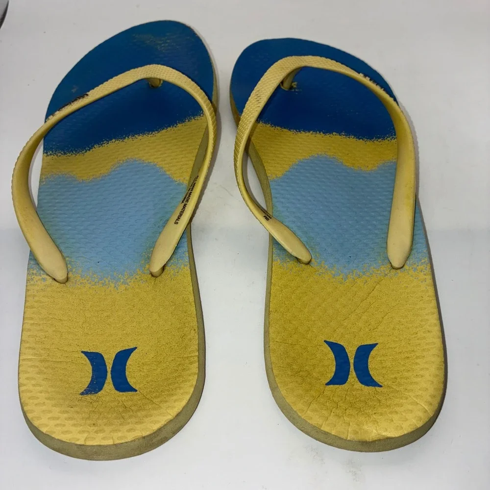 Hurley Mens Flip Flops Blue Yellow Watercolor Gradient‎ Sandals Size 9M
